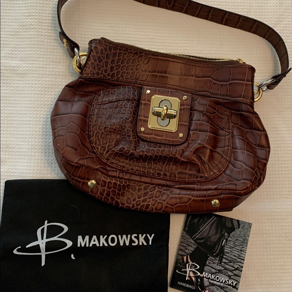 B.Makowsky brown leather satchel bag featuring a crocodile-embossed texture